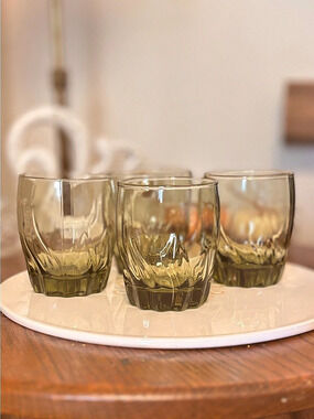 Vintage Libbey Olive Green Swirl Glasses Set of 4 Mid Century Lowball Rocks MCM
